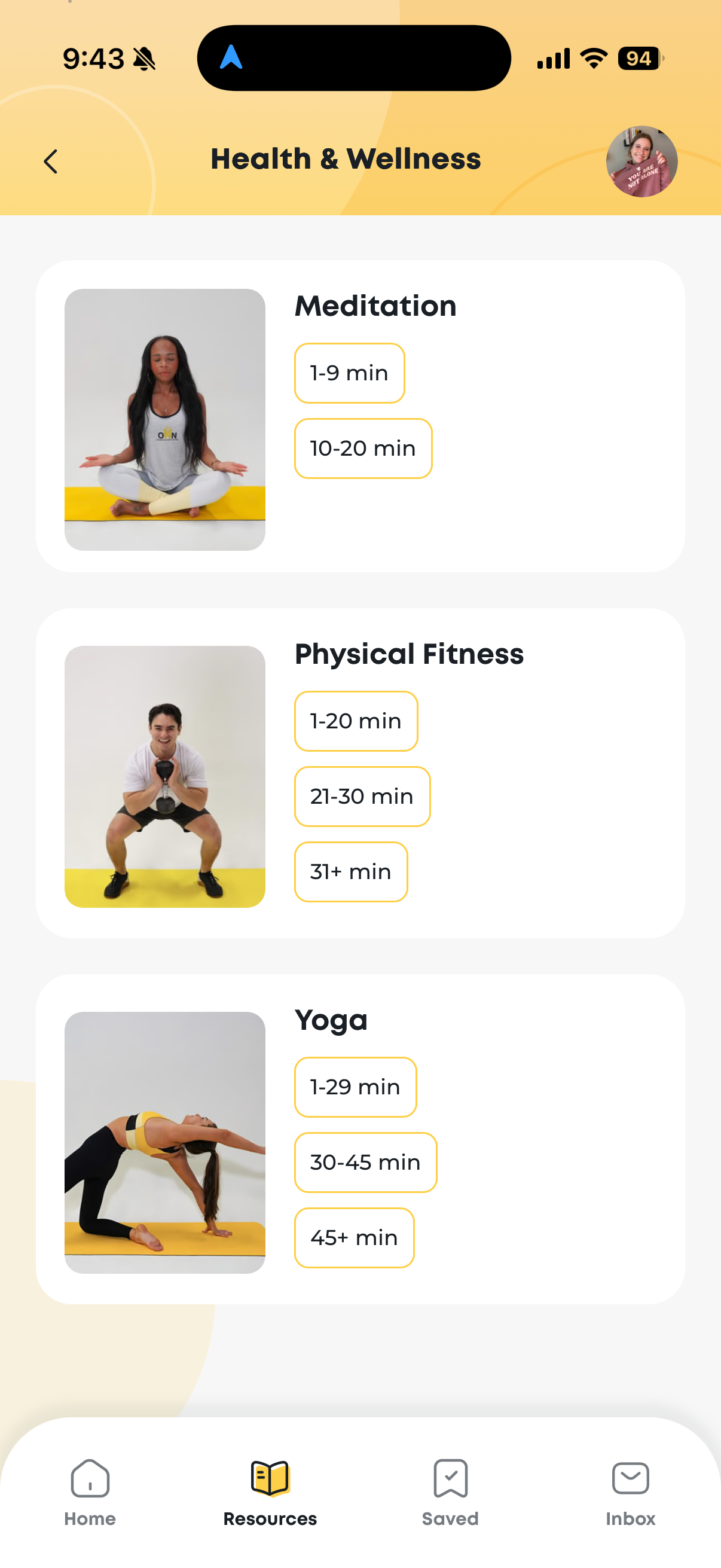 Operation Happy Nurse Health and Wellness screen with movement, meditation, and yoga categories
